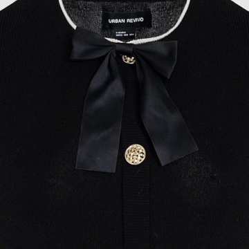 URBAN REVIVO Women's Sweater Dress Long Sleeve Knitted Dresses Button Down Mini Bow Tie Casual Dress Fall Winter Spring Black, Small