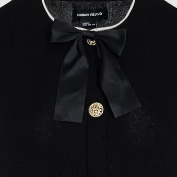 URBAN REVIVO Women's Sweater Dress Long Sleeve Knitted Dresses Button Down Mini Bow Tie Casual Dress Fall Winter Spring Black, Small