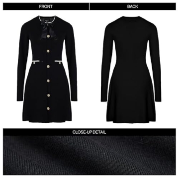 URBAN REVIVO Women's Sweater Dress Long Sleeve Knitted Dresses Button Down Mini Bow Tie Casual Dress Fall Winter Spring Black, Small