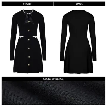 URBAN REVIVO Women's Sweater Dress Long Sleeve Knitted Dresses Button Down Mini Bow Tie Casual Dress Fall Winter Spring Black, Small