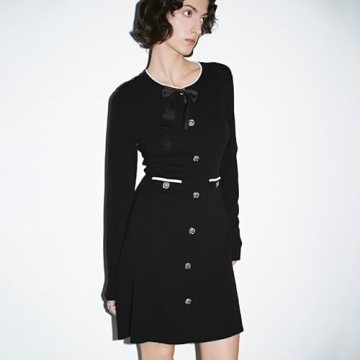 URBAN REVIVO Women's Sweater Dress Long Sleeve Knitted Dresses Button Down Mini Bow Tie Casual Dress Fall Winter Spring Black, Small