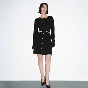 URBAN REVIVO Women's Sweater Dress Long Sleeve Knitted Dresses Button Down Mini Bow Tie Casual Dress Fall Winter Spring Black, Small