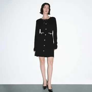 URBAN REVIVO Women's Sweater Dress Long Sleeve Knitted Dresses Button Down Mini Bow Tie Casual Dress Fall Winter Spring Black, Small