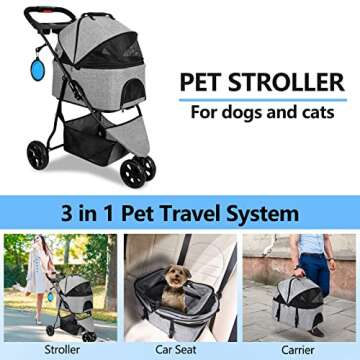 Versatile 3 in 1 Grey Folding Pet Stroller for Dogs & Cats - Convenient Travel Gear