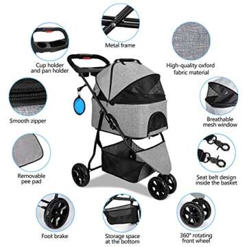 Grey 3 in 1 Pet Stroller for Dogs & Cats Travel Solutions