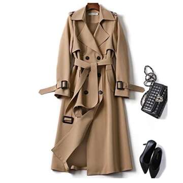 SOMTHRON Women's Double Breasted Long Trench Coat Belted Notch Lapel Overcoat Windproof Classic Outerwear CM-M