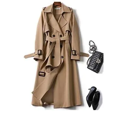 SOMTHRON Women's Double Breasted Long Trench Coat Belted Notch Lapel Overcoat Windproof Classic Outerwear CM-M