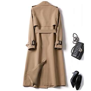 SOMTHRON Women's Double Breasted Long Trench Coat Belted Notch Lapel Overcoat Windproof Classic Outerwear CM-M