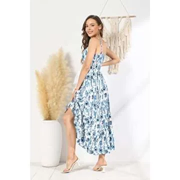 GRACE KARIN Women's 2025 Summer Maxi Dress Spaghetti Strap Ruffle Smocked Casual Long Flowy Boho Dresses Blue Floral L