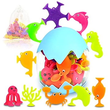 Funny Suction Bath Toys for Kids - 18 Pcs Silicone Ocean Animal Suction Cup Toys with Eggshell & Bag...
