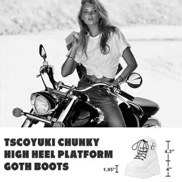 Tscoyuki Platform Ankle Boots for Women Chunky High Heel Booties Goth Round Toe Combat Boots Women Lace Up Motorcycle Wedges