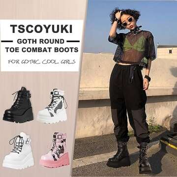 Tscoyuki Platform Ankle Boots for Women Chunky High Heel Booties Goth Round Toe Combat Boots Women Lace Up Motorcycle Wedges