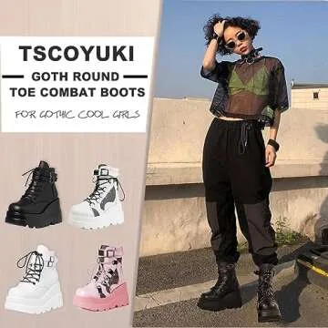 Tscoyuki Platform Ankle Boots for Women Chunky High Heel Booties Goth Round Toe Combat Boots Women Lace Up Motorcycle Wedges