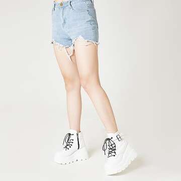 Tscoyuki Platform Ankle Boots for Women Chunky High Heel Booties Goth Round Toe Combat Boots Women Lace Up Motorcycle Wedges