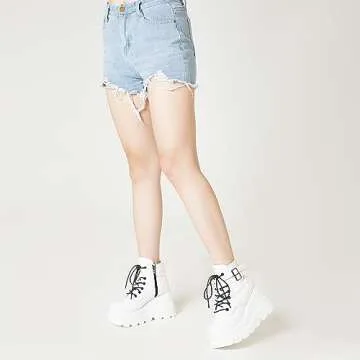 Tscoyuki Platform Ankle Boots for Women Chunky High Heel Booties Goth Round Toe Combat Boots Women Lace Up Motorcycle Wedges