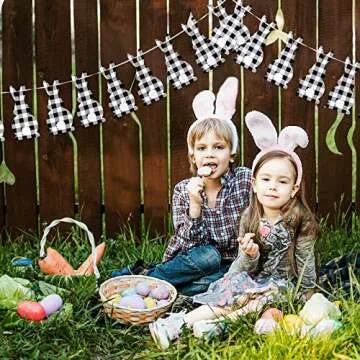 Whaline Buffalo Plaid Easter Bunny Banner Decorations Plaid Easter Bunny Bunting Flag Garland for Easter Decorations Spring Themed Fireplace Wall Door Party Favors Supplies