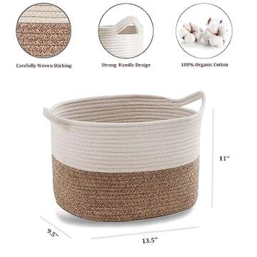 JIA QAQ Square Cotton Rope Samll Baskets With Handles for Toys, Household, Nursery, Handcrafted Woven Gift Baskets for Storage and Organization,13.5x11x9.5inch