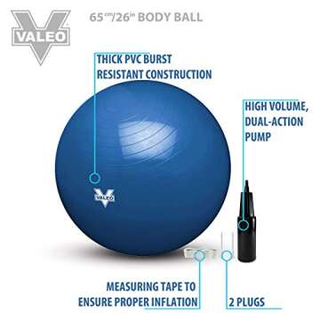 Valeo Exercise Body Ball - Professional Grade Anti-Burst Fitness, Balance Ball for Pilates, Yoga, St...
