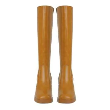 SOVANYOU Tan Boots Brown Knee High Boots for Women Chunky High Heeled Boots Square Toe Faux Leather Tall Boots Go-Go Boot