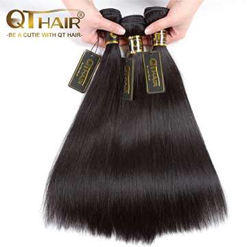 QTHAIR 14A Brazilian Straight Human Hair 3 Bundles (12 14 16inch,300g) Brazilian Virgin Hair Straigh...
