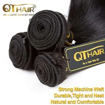 QTHAIR 14A Brazilian Straight Human Hair 3 Bundles (12 14 16inch,300g) Brazilian Virgin Hair Straight Human Hair Extensions Unprocessed Brazilian Straight Hair Weave for All Women
