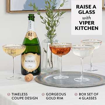 Viper Kitchen Champagne Coupe Glasses Set of 4 - Cocktail Glassware with Art Deco Gold Rim for Vinta...