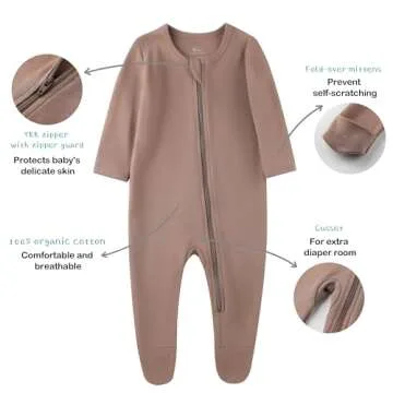 O2 BABY Baby Boys Girls Organic Cotton Zip Front Sleeper Pajamas, Footed Sleep 'n Play（0-3 Months, Brown）