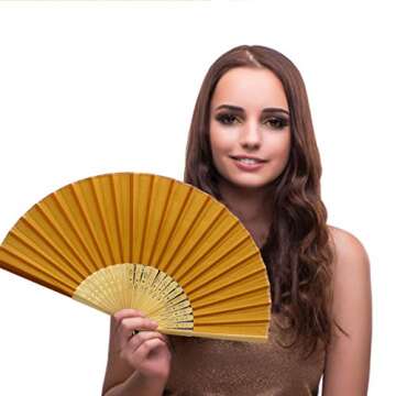 FANSOF.FANS Fabric Handheld Folding Hand Fan With a Tassel Grade A Bamboo Ribs for Women Girls Summer Party Event Favor Birthday Wedding Souvenir Gift (Dark Gold Yellow)