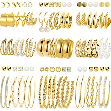 FAXHION 45 Pairs Gold Hoop Earrings for Women, Chunky Twisted Small Big Hoops Earring Packs Set, Ear...