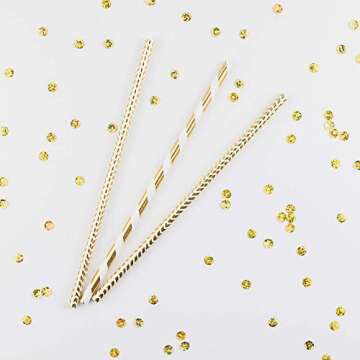 Naturalik 100-Pack Biodegradable Gold Paper Straws- Extra Durable Gold Drinking Straws- Striped/Wave...