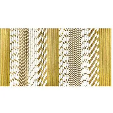 Naturalik 100-Pack Biodegradable Gold Paper Straws- Extra Durable Gold Drinking Straws- Striped/Wave/Heart/Star/Solid Gold Straws for Birthday, Wedding, Bridal/Baby Shower and Party Supplies