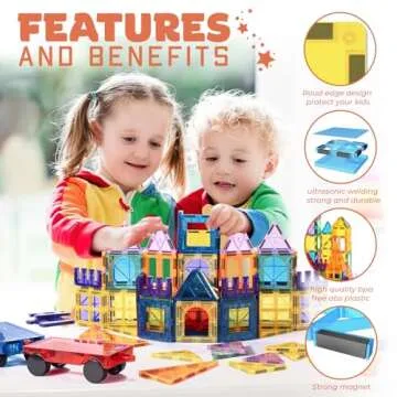 Happy Little Wonders Deluxe 100-Piece Magnetic Construction Set with 2 Cars, Magnetic Tiles Toddler ...