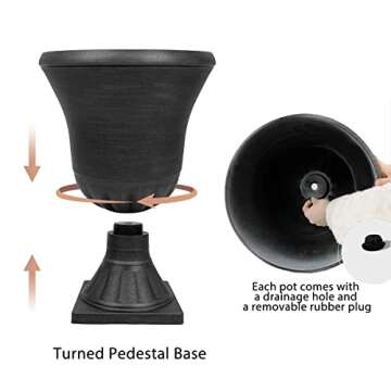 Worth Garden 2-Pack Plastic Urn Planters for Outdoor Plants, 22'' Black Tall Round Classic Resin Traditional Flower Pots - 15 in. Dia. Large Imitation Stone Decorative Pot Patio Deck Front Porch
