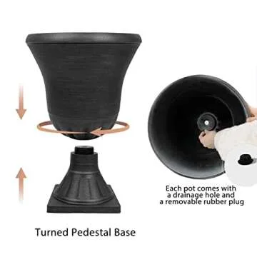 Worth Garden 2-Pack Plastic Urn Planters for Outdoor Plants, 22'' Black Tall Round Classic Resin Traditional Flower Pots - 15 in. Dia. Large Imitation Stone Decorative Pot Patio Deck Front Porch