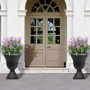 Worth Garden 2-Pack Plastic Urn Planters for Outdoor Plants, 22'' Black Tall Round Classic Resin Traditional Flower Pots - 15 in. Dia. Large Imitation Stone Decorative Pot Patio Deck Front Porch