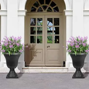 Worth Garden 2-Pack Plastic Urn Planters for Outdoor Plants, 22'' Black Tall Round Classic Resin Traditional Flower Pots - 15 in. Dia. Large Imitation Stone Decorative Pot Patio Deck Front Porch