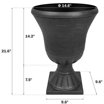 Worth Garden 2-Pack Plastic Urn Planters for Outdoor Plants, 22'' Black Tall Round Classic Resin Traditional Flower Pots - 15 in. Dia. Large Imitation Stone Decorative Pot Patio Deck Front Porch
