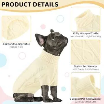 Queenmore Small Dog Pullover Sweater, Cold Weather Cable Knitwear, Classic Turtleneck Thick Warm Clothes for Chihuahua, Bulldog, Dachshund, Pug (White, X-Large)
