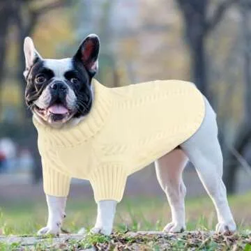 Queenmore Small Dog Pullover Sweater, Cold Weather Cable Knitwear, Classic Turtleneck Thick Warm Clothes for Chihuahua, Bulldog, Dachshund, Pug (White, X-Large)