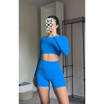 Aoxjox Long Sleeve Crop Tops for Women Clarissa Backless Workout Cropped T Shirt Top (Directoire Blue, Small)