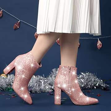 Perphy Glitter Pointed Toe Chunky Heels Sparkly Booties Pink Ankle Boots for Women 6 M US