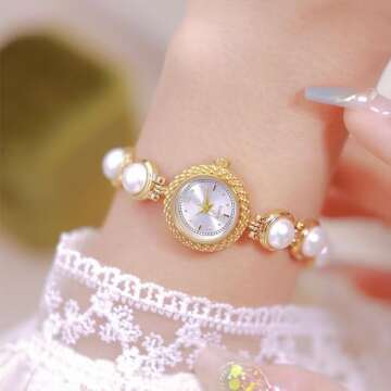 ADSBIAOYE Elegant Women Pearl Bracelet Watches Fashion Dress Quartz Watch Ladies Gift Watches (2 Gol...