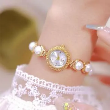 ADSBIAOYE Elegant Women Pearl Bracelet Watches Fashion Dress Quartz Watch Ladies Gift Watches (2 Gol...