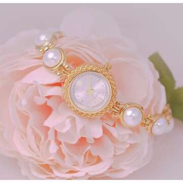 ADSBIAOYE Elegant Women Pearl Bracelet Watches Fashion Dress Quartz Watch Ladies Gift Watches (2 Gold-White), Y-FA1805