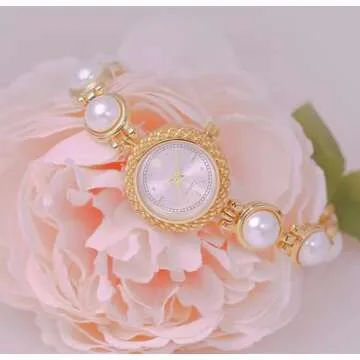 ADSBIAOYE Elegant Women Pearl Bracelet Watches Fashion Dress Quartz Watch Ladies Gift Watches (2 Gold-White), Y-FA1805