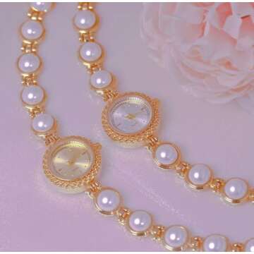 ADSBIAOYE Elegant Women Pearl Bracelet Watches Fashion Dress Quartz Watch Ladies Gift Watches (2 Gold-White), Y-FA1805