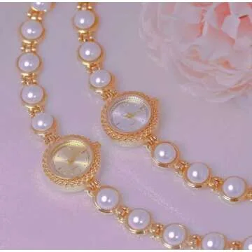ADSBIAOYE Elegant Women Pearl Bracelet Watches Fashion Dress Quartz Watch Ladies Gift Watches (2 Gold-White), Y-FA1805