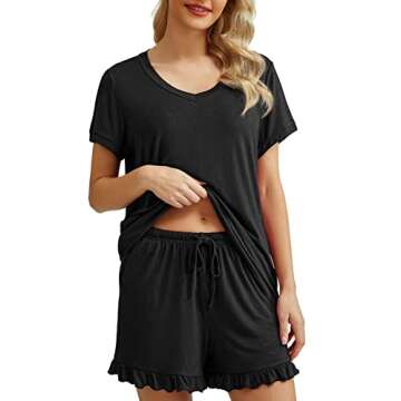 PrinStory Womens Pajamas Set Lounge Sets Short Sleeve Sleepwear Soft Pjs Shorts Set with Pockets Black M
