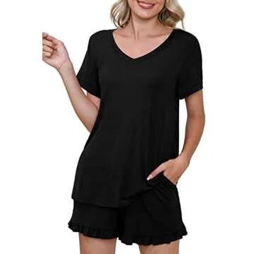PrinStory Womens Pajamas Set Lounge Sets Short Sleeve Sleepwear Soft Pjs Shorts Set with Pockets Black M