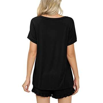 PrinStory Womens Pajamas Set Lounge Sets Short Sleeve Sleepwear Soft Pjs Shorts Set with Pockets Black M